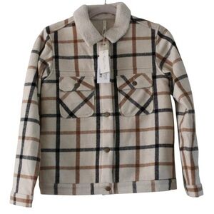 NWT Rylee and Cru Julian Jacket Sherpa Lined Trucker Style Plaid Cream Tan 12-14